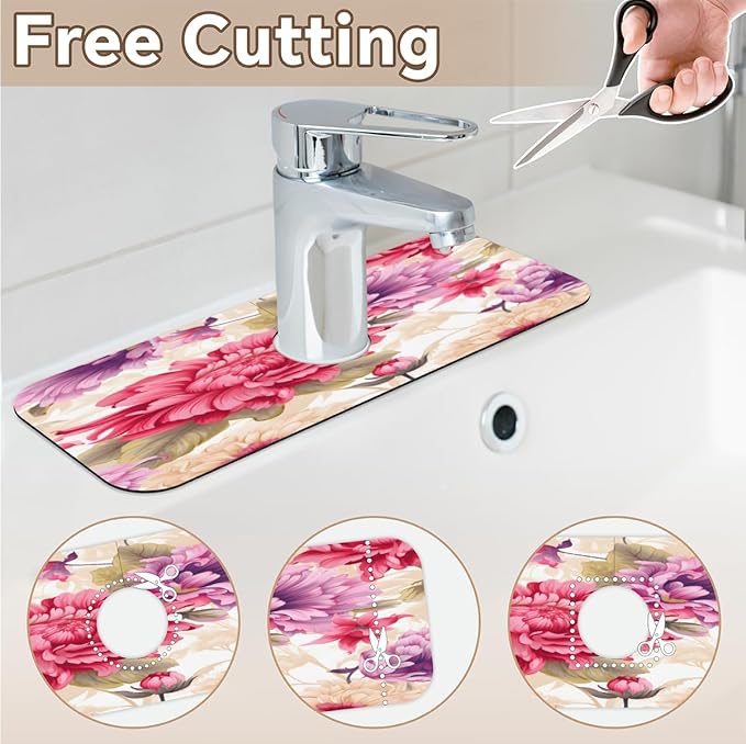 Floral Symphony In Cream Kitchen Faucet Mat Splash Guard, 15.4”x5.7” Absorbent Quick Drying Sink Mat for Countertop Protection, Draining Mat Sink Protectors For Kitchen Bathroom, 1 Pack