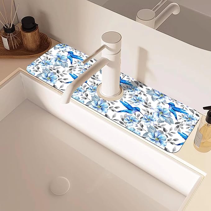 Blue Floral and Hummingbird Dish Drying Mat for Kitchen Sink Splash Guard Behind Faucet Sink Mat Absorbent Fast Drying Faucet Draining Mat for Bathroom Kitchen 5.5"×15"