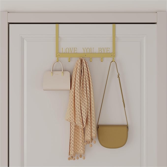 CHNHONG Over Door Hooks -Love You, Bye Detachable 6 Hooks Towel Holder for Bathroom, Bedroom, Kitchen & Pool with Screws Bathroom Organizers and Storage- Gold Metal Wall Mount