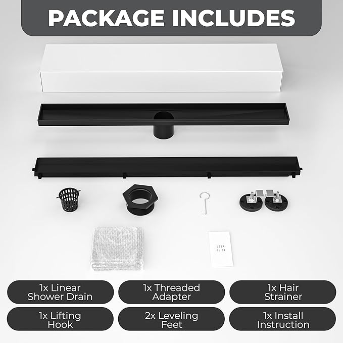 36 Inch Rectangular Linear Shower Drain Set with Reversible Flat & Tile Insert Cover, 304 Stainless Steel Bathroom Floor Drain with Hair Catcher, Shower Floor Drain Includes Adjustable Leveling Feet