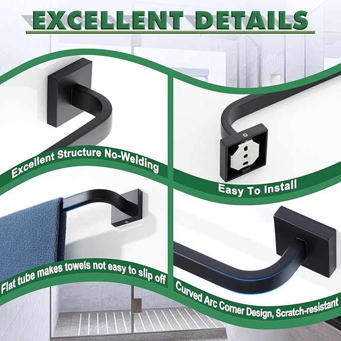 Alise Towel Bar for Bathroom,24'' Towel Holder Black Towel Racks for Bathroom Wall Mount,SUS304 Stainless Steel Towel Rail Towel Hanger for Wall,Matte Black