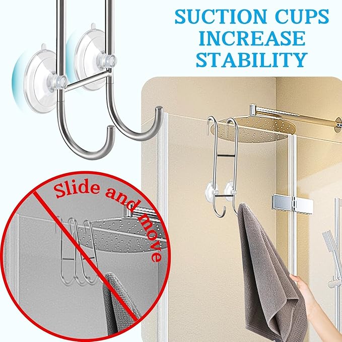 Shower Door Towel Hooks (2-Pack), 9"~13" Length Adjustable Hook for Framed & Frameless Over The Door Glass, Squeegee Holder, Towels Hanger for Bath Suits Rozer Robes Loofahs Shavers, Silver