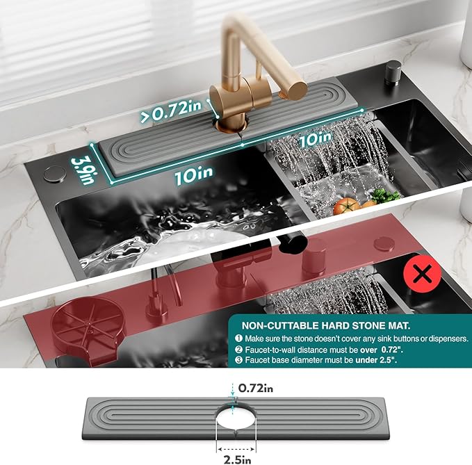 Faucet Mat for Kitchen Sink - Diatomaceous Earth Faucet Splash Guard, Fast Drying Sink Protector - Water Absorbing Stone for Bathroom Sink (Grey, 19.5'' x 3.9'')