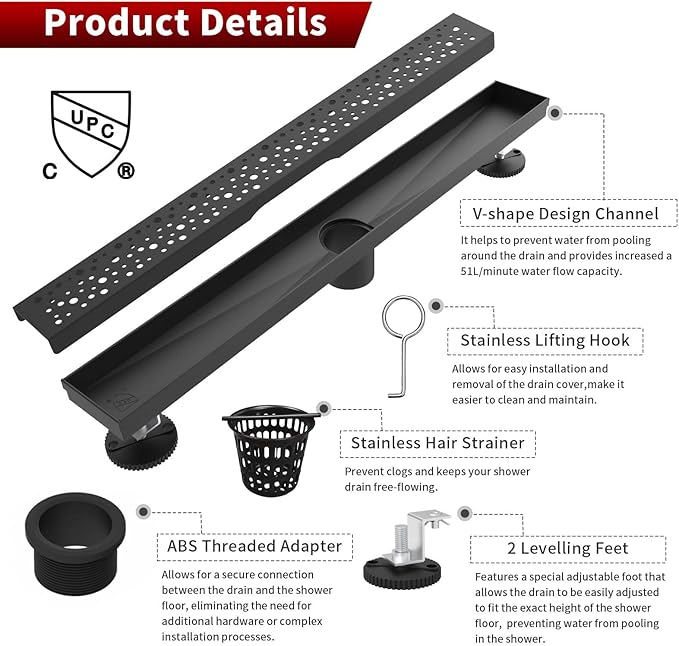 Sharp-tec Shower Drain, 28 inch Linear Shower Drain, Matte Black 304 Stainless Steel Rectangular Shower Floor Drain with Adjustable Leveling Feet, Hair Strainer, cUPC Certified, ST-099-28B