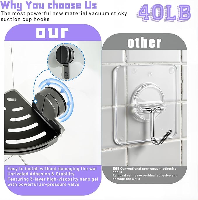 Corner Shower Caddy Suction Cup Shower Shelf Corner No Drilling Bathroom Shower Organizer Storage Rack Suction Cup Type with Towel Bar Hooks (Shower Caddy)