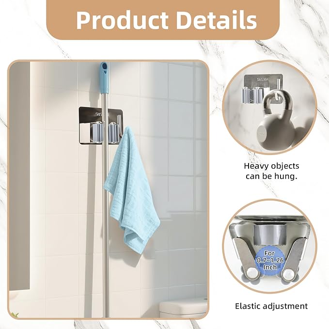 Mop and Broom Rack, Used for Hanging and organizing Tube-Shaped Tools Such as mops and Brooms, with Hooks, Elegantly Releasing Space, Suitable for bathrooms, Kitchens, Offices, etc (Silver)