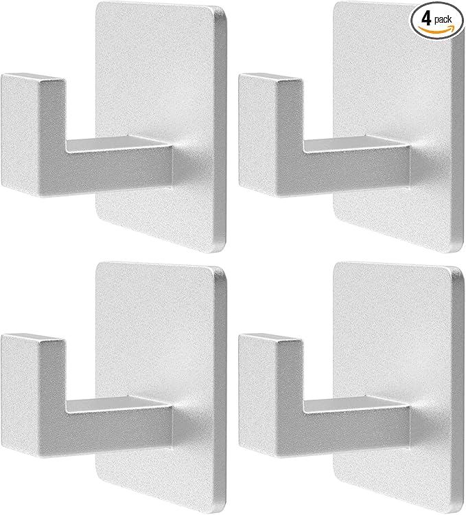 PMMASTO Adhesive Hooks Towel Hooks - 4 Pack Aluminum Wall Hooks Towel Hanger Shower Hook for Bathroom, Bedroom and Kitchen-Silver