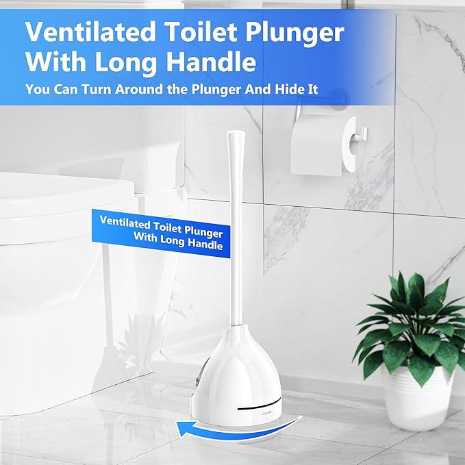 Toilet Plunger with Holder, Plunger with Unique Holder for 5.7-inch Toilet Drain, Plungers for Bathroom with Holder, Toilet Plunger Heavy Duty (1, White)