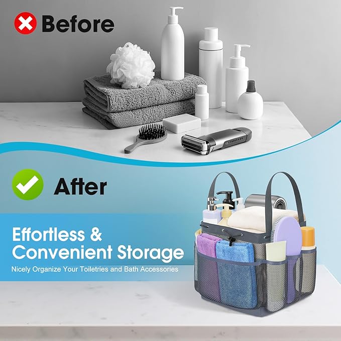 Mesh Shower Caddy Portable with Drawstring, 1 Main Compartment+ 7 Pockets, College Dorm Room Essentials for Girls, Shower Organizer Hanging Bag for Beach, Camp, Swim, Gym, Travel(Grey)