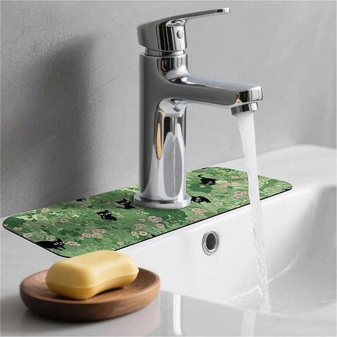 Kitchen Sink Splash Guard，small cats and flowers Faucet Mat Sink Gadgets-Super Absorbent Fast Drying Mat Drip Catcher for Kitchen, Bathroom,Sink Mat, Dish Drying Mat, Bathroom(15" X 5.5" )