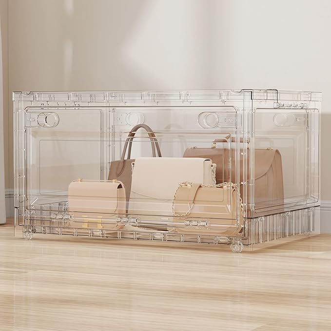 BROVIEW 80Qt Stackable Storage Bins with Lids Wheels, XL Clear Plastic Drawers Foldable Closet Organizers and Storage Cabinet Display Box Shelves with Front & Back Doors, for Home Office Garage,1Pack