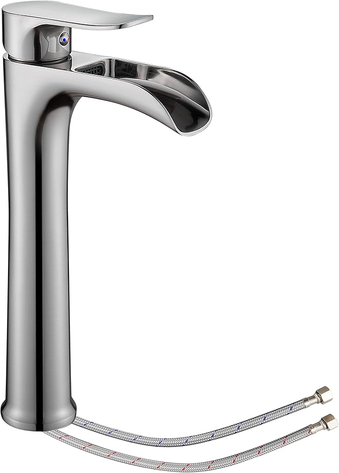 YUNDOOM Vessel Sink Faucet,Brushed Nickel Single Handle Single Hole Tall Bathroom Bowl Sink Faucet, Waterfall Bathroom Faucet