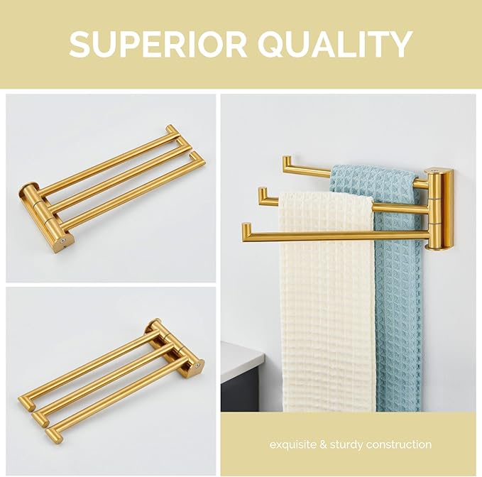 Angle Simple Swivel Hand Towel Rack, SUS 304 Stainless Steel Foldable 3 Towel Holder Bars for Bathroom Kitchen, Brushed Dark Gold