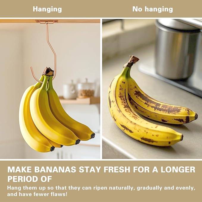 Banana Hanger Hook – Space Saving Banana Holder Hanger to Keep Bananas Fresh, Self Adhesive and Screw Banana Hook 1Pack Rose Gold