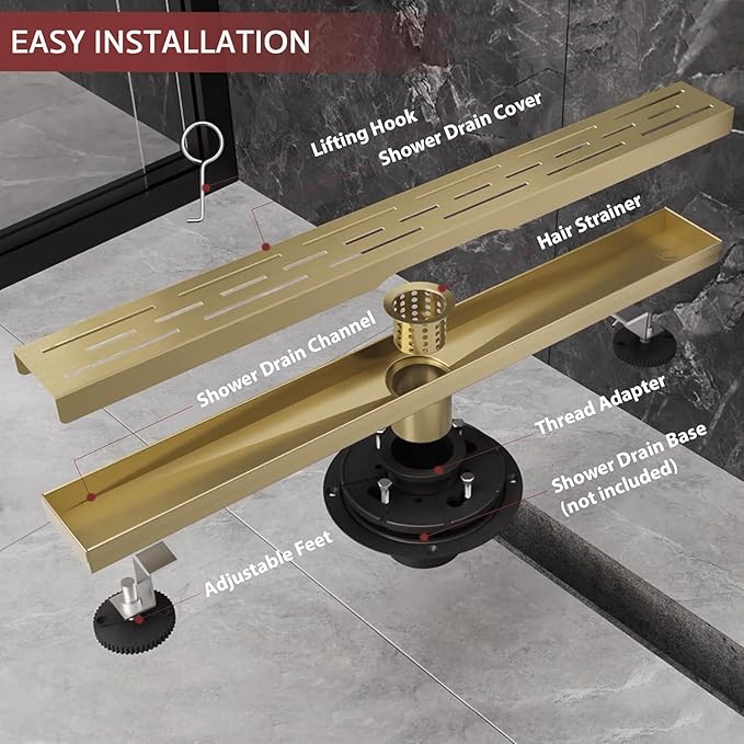12 Inch Linear Shower Drain, Brushed Gold Shower Drain,Removable Grate, 304 Stainless Steel, Easy to Install and Clean for Bathrooms (Drain Base Not Included), LSD-04A-12G