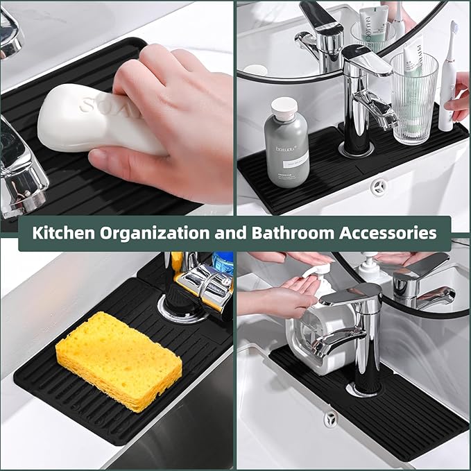Faucet Mat for Kitchen Sink, Silicone Faucet Handle Drip Catcher Tray, Drying Mat as Sponge and Soap Holder with Lateral Inflow for Kitchen Bathroom Farmhouse & RV Sink Accessories (Black)