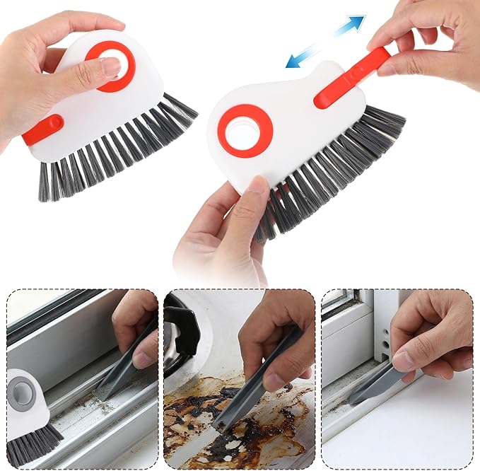 2 PCS Groove Cleaning Brush, 2 in 1 Window Track Cleaning Tool Crevice Cleanings Brush Multifunction Hard Bristle with Hidden Scraper Grout Cleaner Grip Brushes for Slid Door Track Window Sill