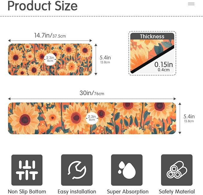 Kitchen Sink Splash Guard 2 PCS 30 Inch Sink Faucet Mat Splash Guard for Bathroom Countertop Water Absorbent Foldable Cuttable Soft Washable Orange Sunflowers and Poppy Flowers