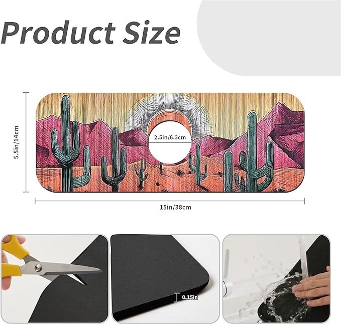 Kitchen Sink Splash Guard，Cacti and colorful deserts Faucet Mat Sink Gadgets-Super Absorbent Fast Drying Mat Drip Catcher for Kitchen, Bathroom,Sink Mat, Dish Drying Mat, Bathroom(15" X 5.5" )