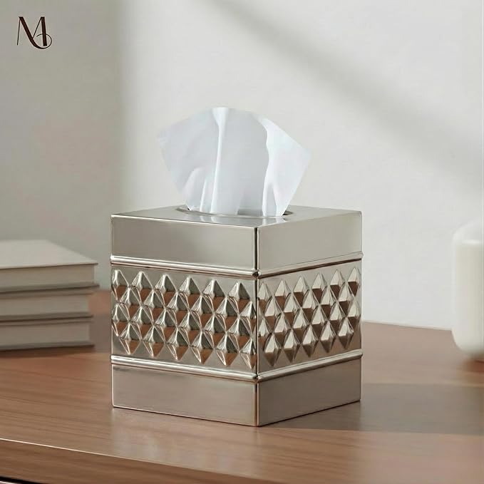 Monarch Abode Tissue Box Cover Square – Handcrafted Geo Embossed Nickel Chrome Finish Metal Tissue Holder Box for Bathroom Accessory, Aesthetic Decorative Facial Napkin Cube for Modern Home Decor