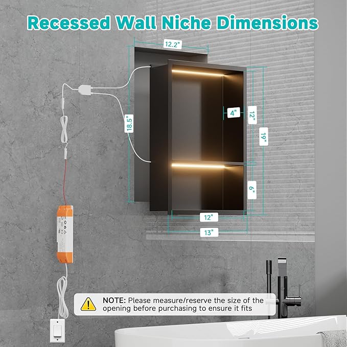 12" x 18" Stainless Steel Shower Niche with LED Lights – Recessed 2-Tier Shower Shelf, 12"x12" Upper & 12"x6" Lower Storage, Modern Bathroom Wall Niche (Black)