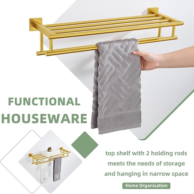 Bathroom Towel Shelf with Holder, Angle Simple SUS304 Stainless Steel Bath Towel Rack with Double Towel Bar, Wall Mount, Brushed Gold 23.62 Inches