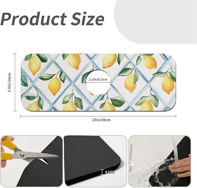 Kitchen Sink Splash Guard，Tiles and lemons Faucet Mat Sink Gadgets-Super Absorbent Fast Drying Mat Drip Catcher for Kitchen, Bathroom,Sink Mat, Dish Drying Mat, Bathroom(15" X 5.5" )