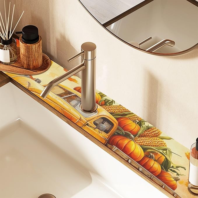 Fall Thanksgiving Pumpkin Truck Kitchen Sink Splash Guard Faucet Mat Diatomite Absorbent Pad for Bathroom RV 30x5.4in 1PCS water