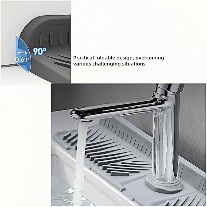 Silicone Kitchen Sink Protector Mat 17.5 Inch - Non-Slip Faucet Mat with Splash Guard Behind Faucet, Drip Catcher & Sponge Holder | Sink Accessories for Bathroom & Kitchen (Gray)