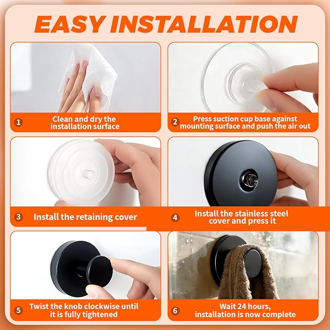 Strong Suction Cup Shower Hooks - No Drill Solution for Hanging Towels on Glass Door & Bathroom Wall. Heavy Duty Waterproof Hooks for Shower, Kitchen, Tile (4 Pack, Black)