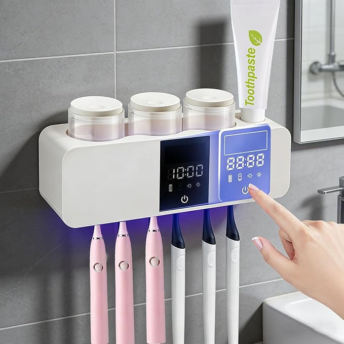 Smart 6-Slot Toothbrush Holder with Hygiene System, LED Display & 3 Cups – Wall-Mounted & Rechargeable, White
