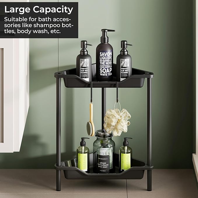 ODesign 2 Tier Floor Standing Corner Shower Caddy Organizer Plastic Metal Splicing Shelf Storage Rack for Bathroom Black - Rustproof