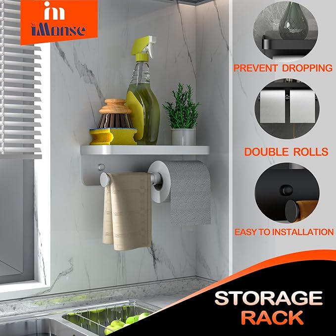 Double Toilet Paper Holder with Shelf, iMonse Paper Towel Holder Wall Mount,Tissue Roll Holder for Bathroom Kitchen RV, Double Tissue Roll Rack with Adhesive & Screw (Silver)