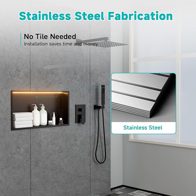 Stainless Steel 12"x24" LED Lights Shower Niche - No Tile Needed Recessed Wall Niche Waterproof for Walk in Shower Bathroom Storage, Matte Black