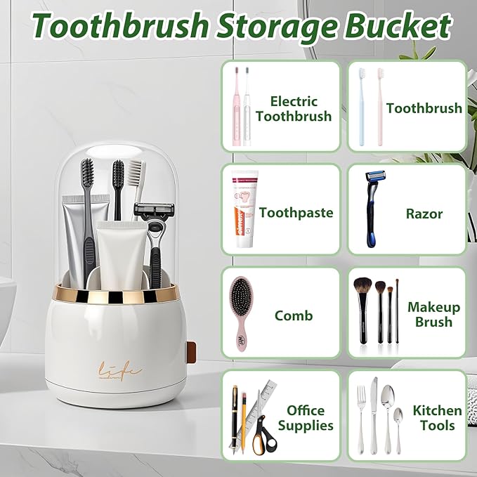 360 Rotating Toothbrush Holders for Bathrooms, 7-Slot Toothbrush Holder with Cover & Drainage, Bathroom Countertop Organizer for Electric Toothbrushes, Toothpaste & Makeup Brushes