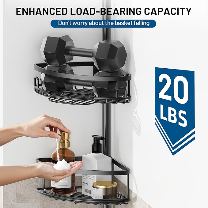 Corner Shower Caddy Tension Pole, 4 Tier Adjustable No Drill Rustproof Large Capacity Space-Saving Shower Shelves Organizer Storage Rack 45.29-119in for Bathroom Bathtub Family Renters, Black