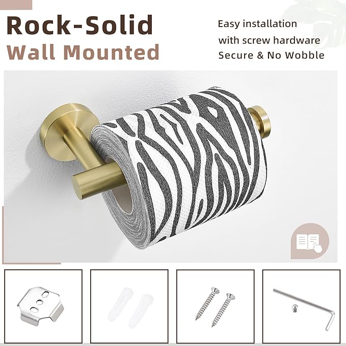 APLusee Toilet Paper Holder Brushed Gold, 304 Stainless Steel Heavy-Duty Tissue Holder for Bathroom Powder Room, Wall Mounted