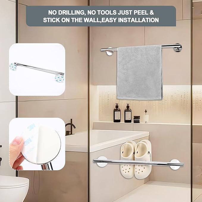 Polished Chrome Towel Bars, AcGlbauric 23.6-Inch Towel Racks for Bathroom or Kitchen Wall-Mounted, SUS304 Stainless Steel Towel Rod,Easy Install No Drill Bathroom Furniture