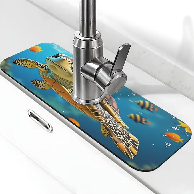 Turtle Ocean Life 15" X 5.5" Kitchen Sink Splash Guard, Faucet Guard Draining Mat, Faucet Suction Pad For Kitchen Bathroom