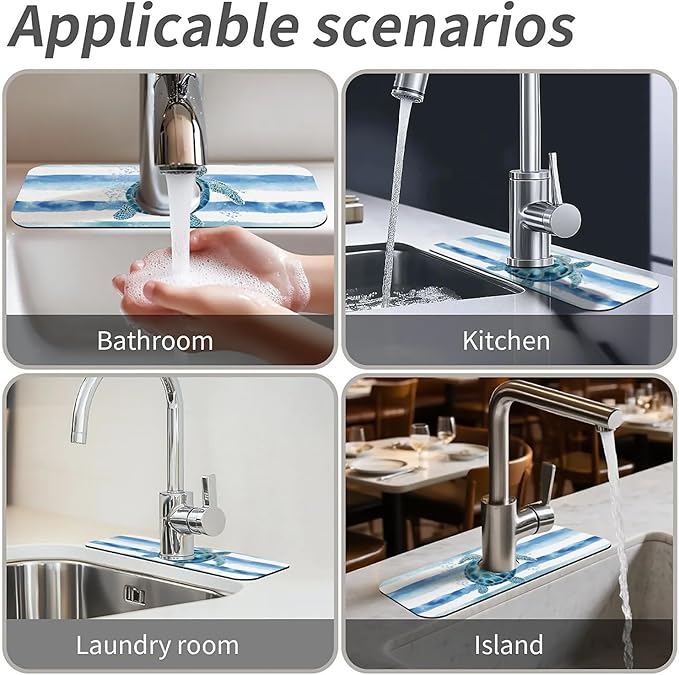 Kitchen Sink Splash Guard，Watercolor blue white turtle Faucet Mat Sink Gadgets-Super Absorbent Fast Drying Mat Drip Catcher for Kitchen, Bathroom,Sink Mat, Dish Drying Mat, Bathroom(15" X 5.5" )