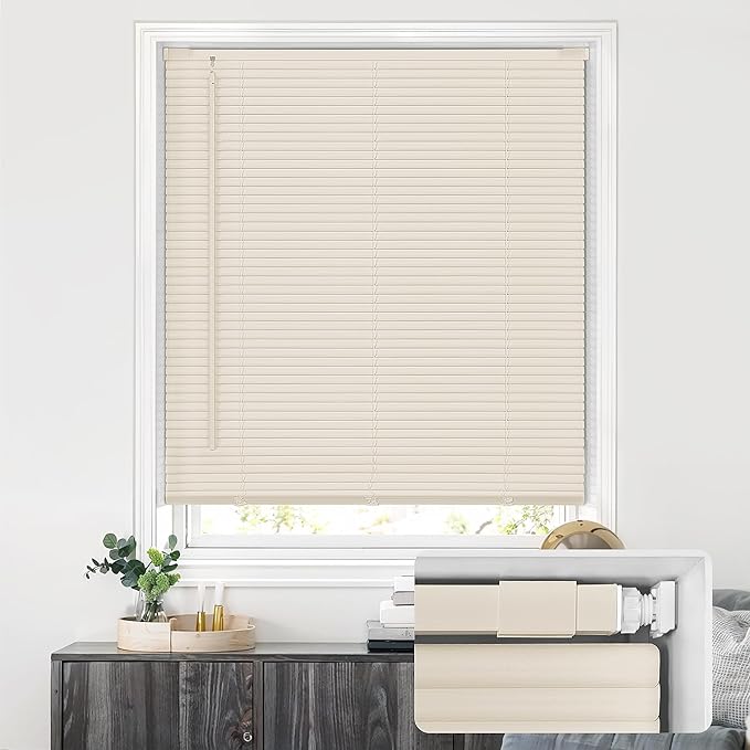 LazBlinds No Tools No Drill Cordless 1" Vinyl Mini Blinds, 100% Privacy S-Curve Blinds for Indoor Windows, Room Darkening Horizontal Window Blinds and Shades for Home, 24" W x 48" H, Beige