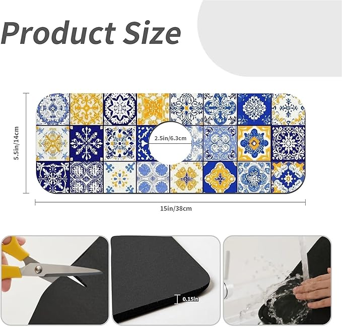 Kitchen Sink Splash Guard，Spanish tiles Faucet Mat Sink Gadgets-Super Absorbent Fast Drying Mat Drip Catcher for Kitchen, Bathroom,Sink Mat, Dish Drying Mat, Bathroom(15" X 5.5" )