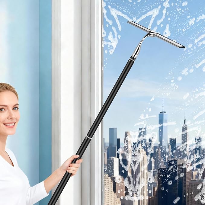 17'' - 62'' Metal Squeegee with Extension Pole for Window,Glass Door,Mirror, 12'' Wide Telescopic Shower Squeegee Cleaner with Long Handle (62'' Squeegee)