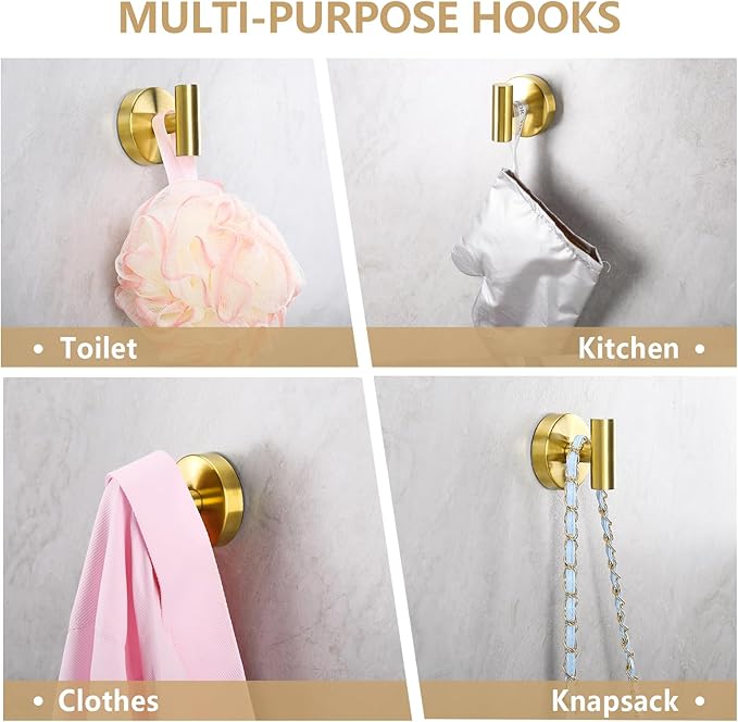 Towel Hooks Shower Suction Hook Towel Hanger for Bathroom Hanging Coat, Robe, Removable Wall Mounted Hook for Bedroom Kitchen Hotel Pool Brushed Gold(4-Pack)