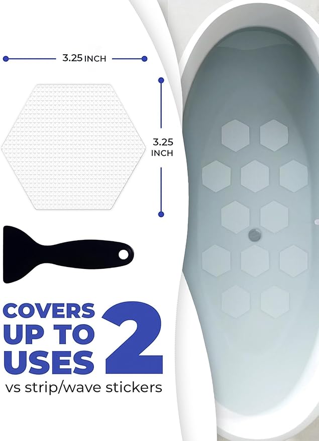 Anti-Slip Shower Stickers for Tub & Shower Floor — Original White Hex Non-Slip Bathtub Stickers, 24 Pack 3.25”, Micro-Pyramid Grip, Scraper Included, Easy Apply