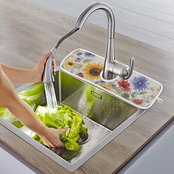 Sink Faucet Absorbing Mat Kitchen Sink Splash Guard Splash Faucet Drip Catcher for Bar RV Bathroom 2PCS 23.6x5.5in Watercolor Cornflower Sunflower