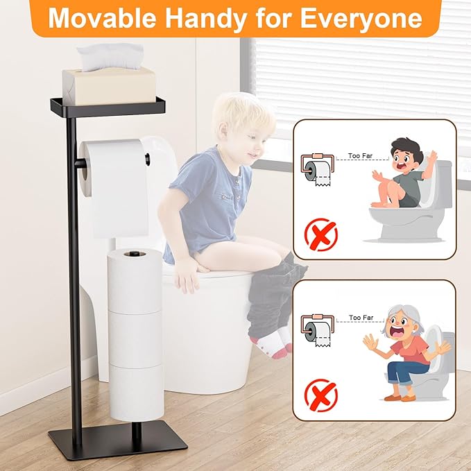 Freestanding Toilet Paper Holder Stand with Storage, Rustproof Metal Bathroom Paper Stand with Weighted Anti-Slip Base, Fits 4 Spare Rolls and Shelf for Phone & Small Items, No Drilling
