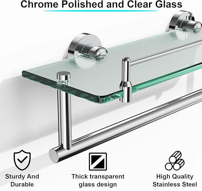 16-Inch Floating Tempered Glass Bathroom Shelf with Towel Bar - Chrome Polished & Stainless Steel, Wall Mount