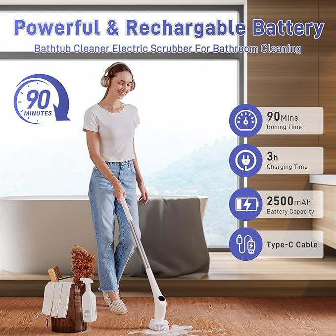 Electric Spin Scrubber - Bathtub Shower Scrubber,Bathroom Cleaning Brush Floor Brushes with Long Handle,Power Cordless Automatic Handheld Mop Cleaner for Bath Tub Kitchen Tile Grout Hardwood