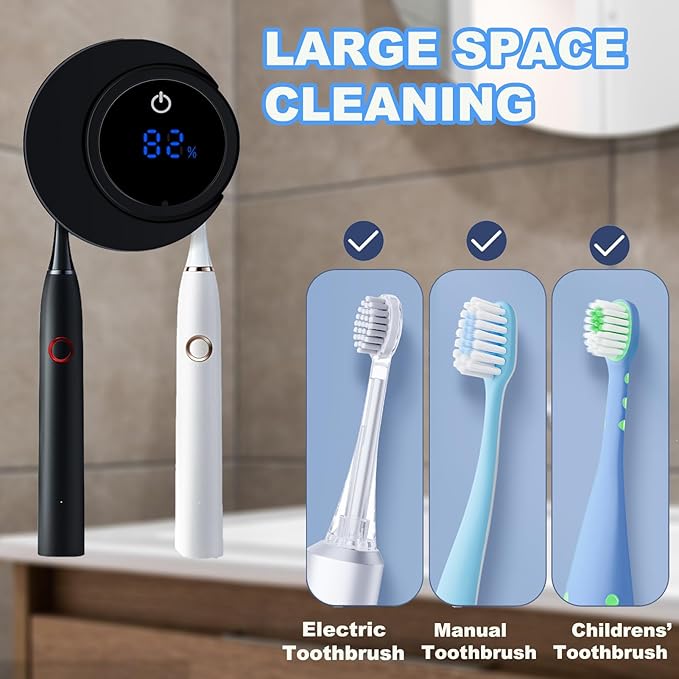 Toothbrush Sterilizer & Holder, Shmian Wall-Mounted Toothbrush Cleaner and Dryer for Bathroom and Travel, with LED Screen, Fits for Any Type Toothbrushes (Black)